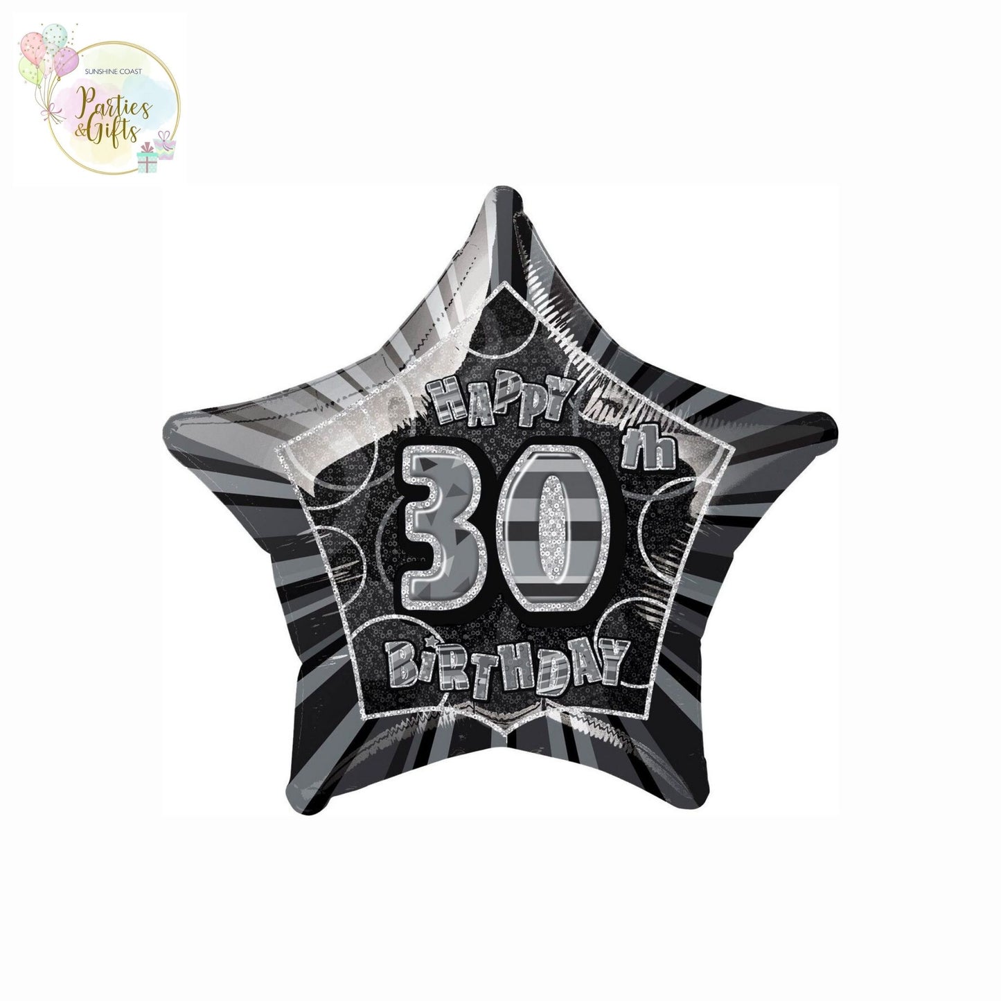 GLITZ BLACK AND SILVER 30TH BIRTHDAY STAR FOIL BALLOON - 50.8CM