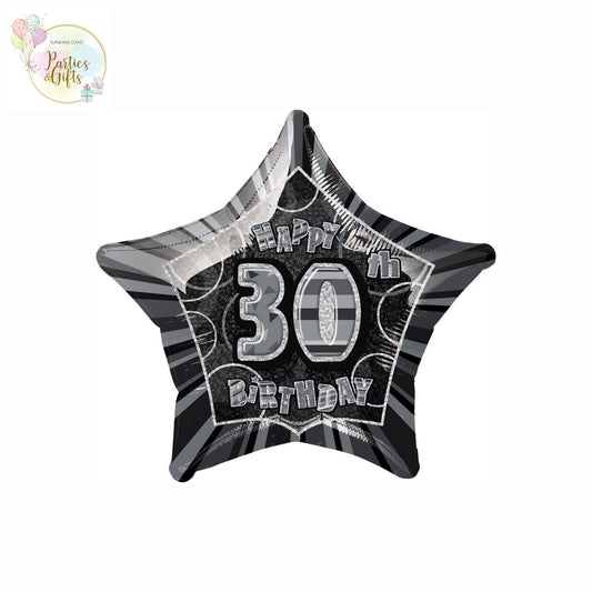 GLITZ BLACK AND SILVER 30TH BIRTHDAY STAR FOIL BALLOON - 50.8CM
