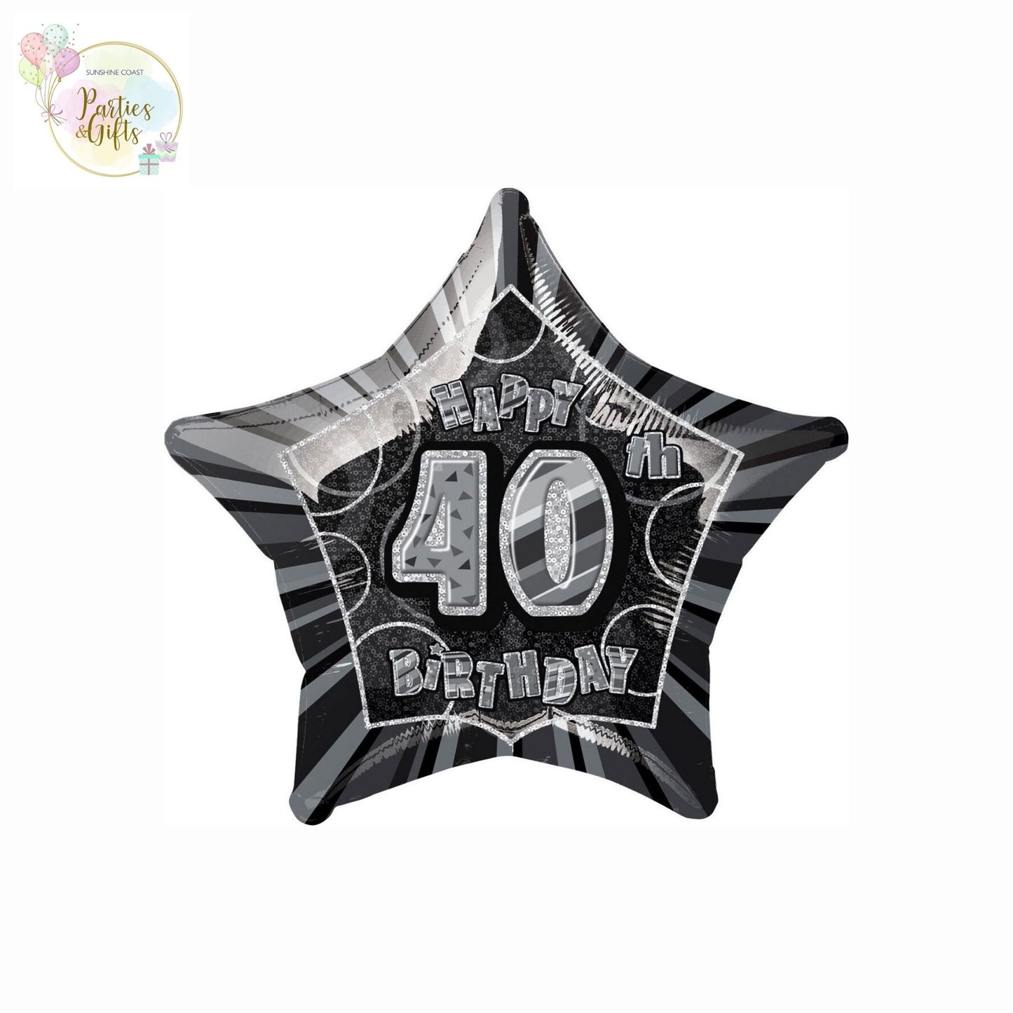 GLITZ BLACK AND SILVER 40TH BIRTHDAY STAR FOIL BALLOON - 50.8CM