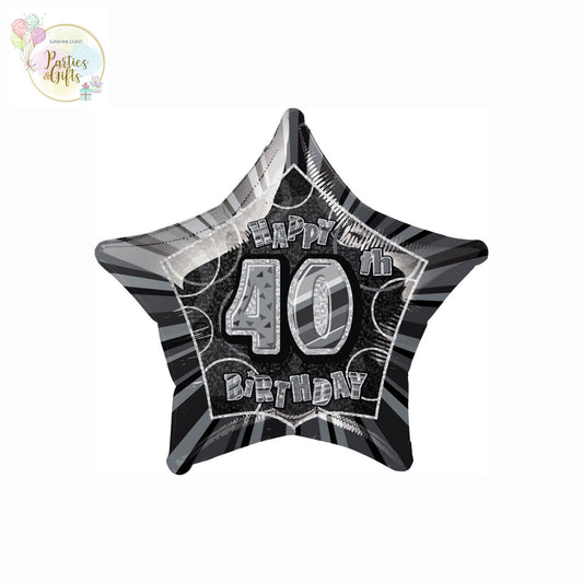 GLITZ BLACK AND SILVER 40TH BIRTHDAY STAR FOIL BALLOON - 50.8CM