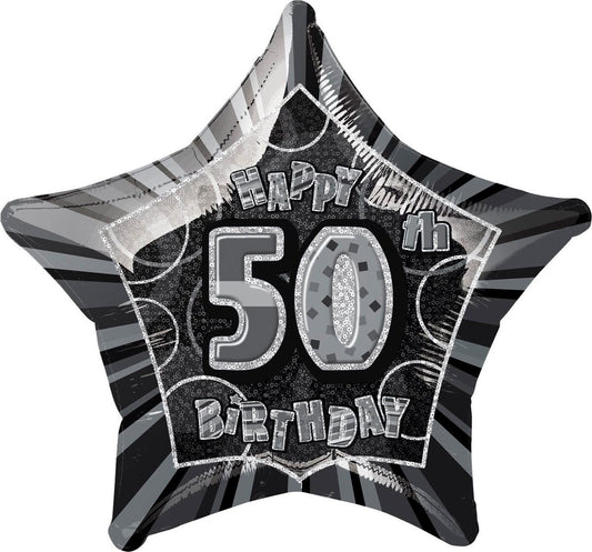 GLITZ BLACK AND SILVER 50TH BIRTHDAY STAR FOIL BALLOON - 50.8CM