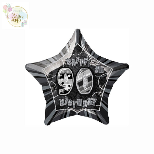 GLITZ BLACK AND SILVER 90TH BIRTHDAY STAR FOIL BALLOON - 50.8CM