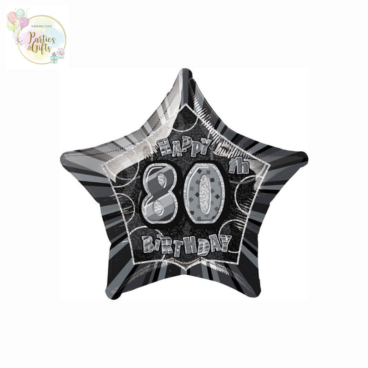 GLITZ BLACK AND SILVER 80TH BIRTHDAY STAR FOIL BALLOON - 50.8CM