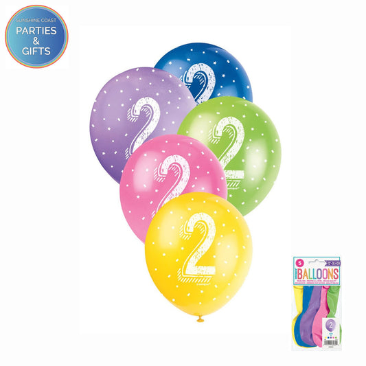 ASSORTED COLOURS 30.4CM LATEX BALLOONS 5 PACK - AGE 2