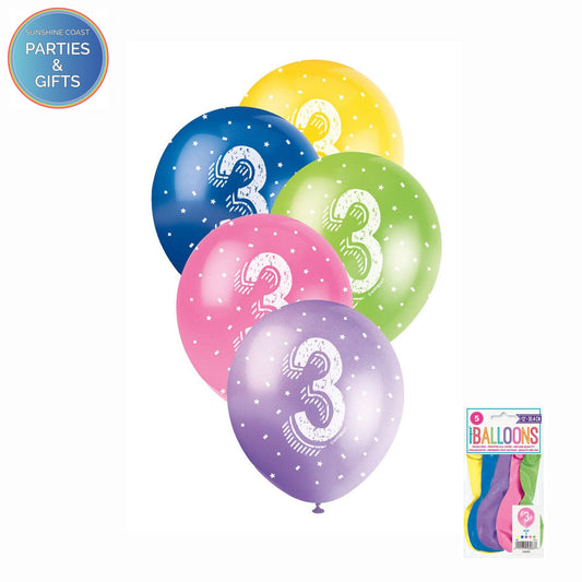 ASSORTED COLOURS 30.4CM LATEX BALLOONS 5 PACK - AGE 3