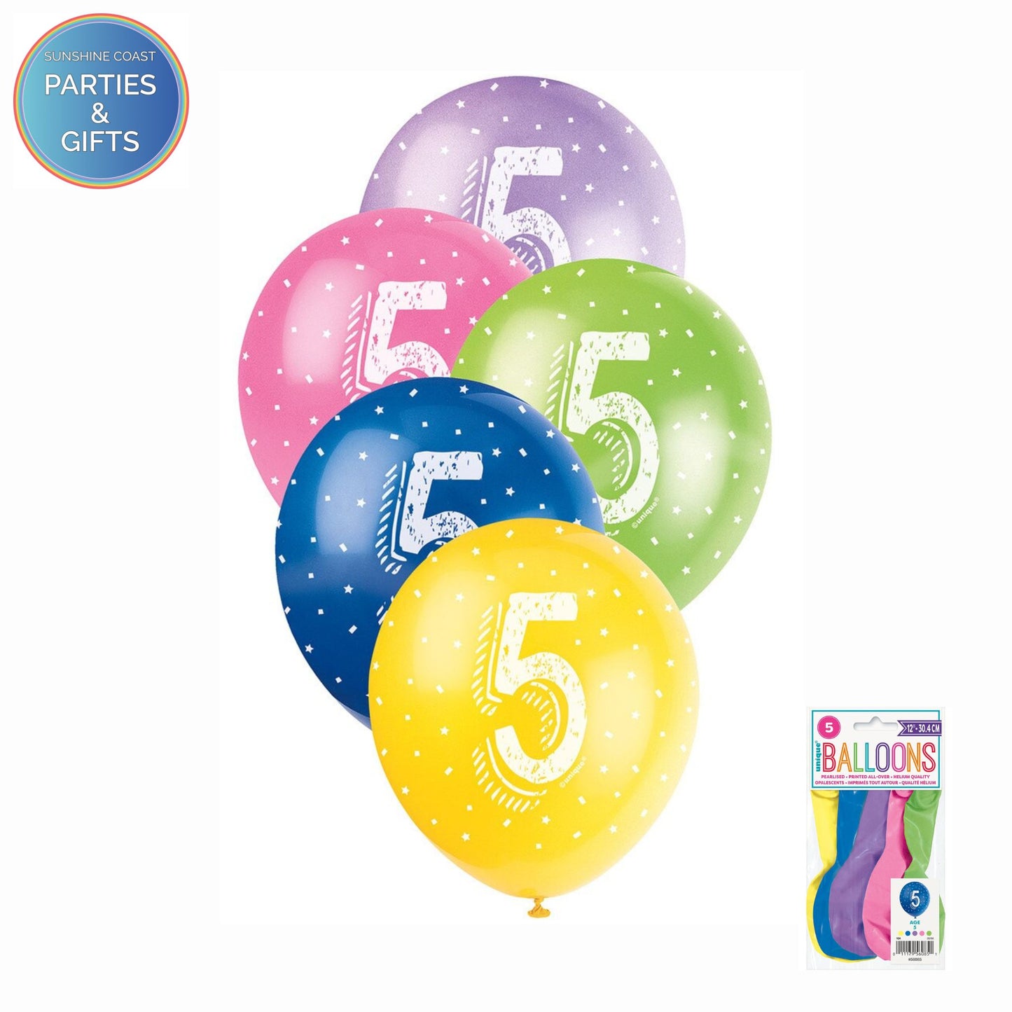 ASSORTED COLOURS 30.4CM LATEX BALLOONS 5 PACK - AGE 5