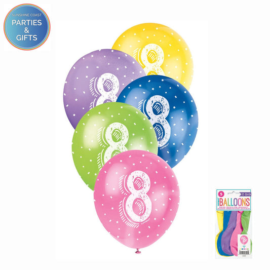 ASSORTED COLOURS 30.4CM LATEX BALLOONS 5 PACK - AGE 8