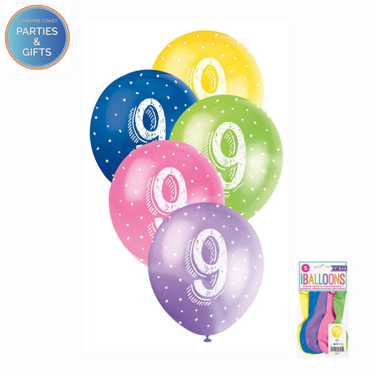 ASSORTED COLOURS 30.4CM LATEX BALLOONS 5 PACK - AGE 9