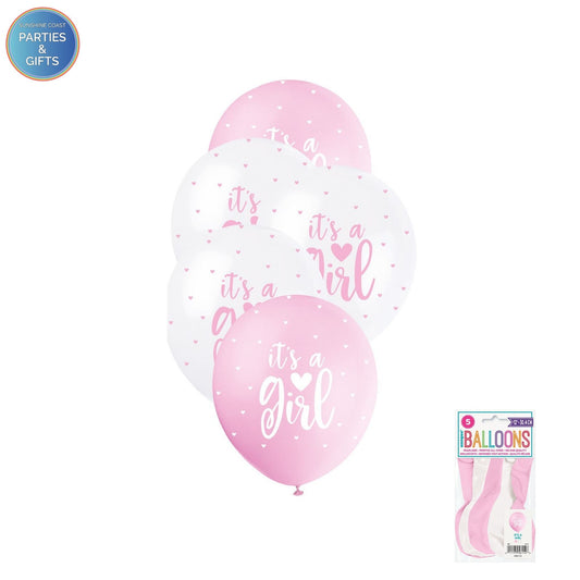 IT'S A GIRL PEARL 30.4CM LATEX BALLOONS 5 PACK - PINK & WHITE