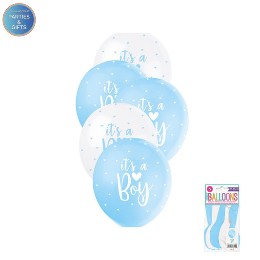 IT'S A BOY 30.4CM LATEX BALLOONS 8 PACK - POWDER BLUE & WHITE