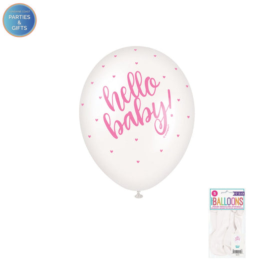 HELLO BABY PEARL WHITE 30CM LATEX BALLOONS 5 PACK - PINK