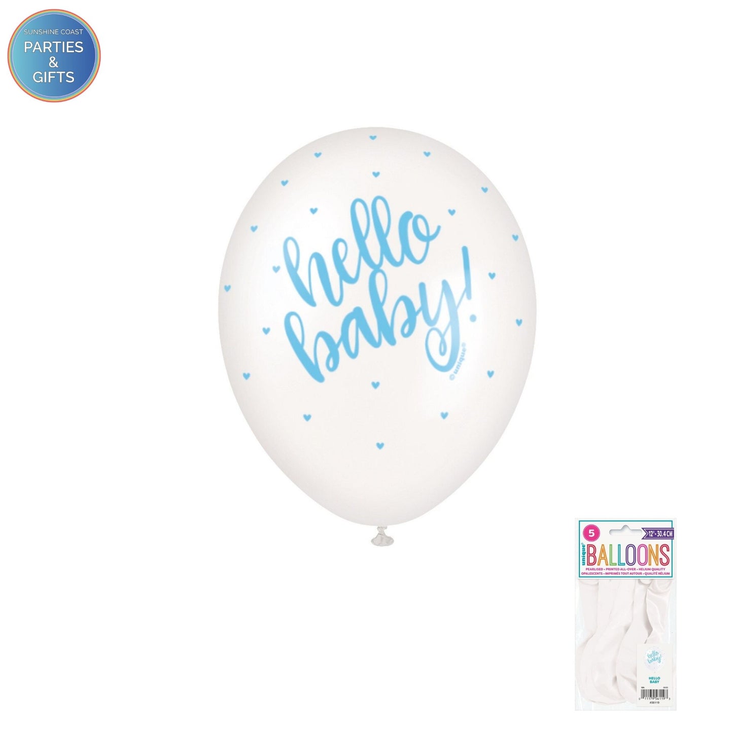 HELLO BABY PEARL WHITE 30CM LATEX BALLOONS 8 PACK - BLUE