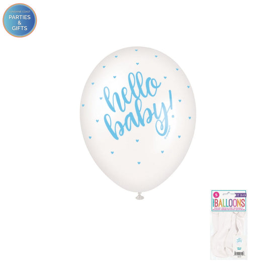 HELLO BABY PEARL WHITE 30CM LATEX BALLOONS 8 PACK - BLUE