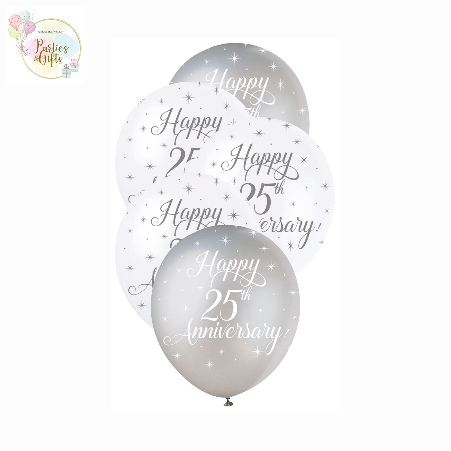 HAPPY 25TH ANNIVERSARY PEARL SILVER & WHITE LATEX BALLOONS 30CM - PACK OF 5
