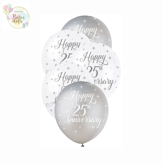 HAPPY 25TH ANNIVERSARY PEARL SILVER & WHITE LATEX BALLOONS 30CM - PACK OF 5