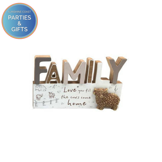 FAMILY HIGHLAND COW LOVE MDF PLAQUE - 22CM X 14CM