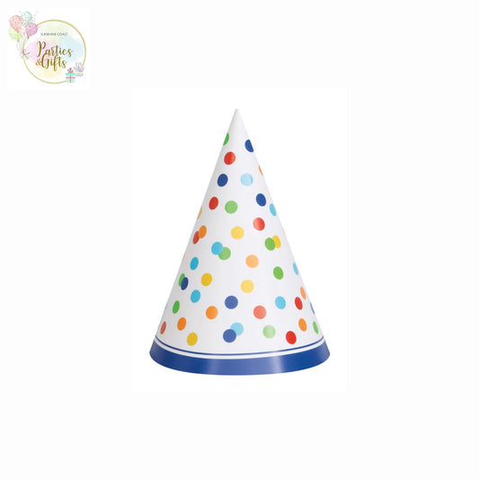 RAINBOW POLKA DOTS PARTY HATS - 8 PACK