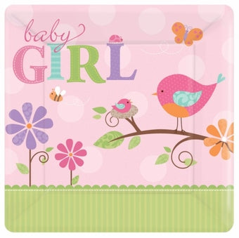 BABY SHOWER TWEET BABY GIRL SQUARE PAPER PLATES 26CM - PACK OF 8
