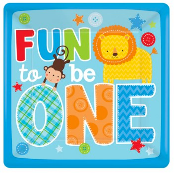 ONE WILD BOY 1ST BIRTHDAY SQUARE PAPER PLATES 26CM - PACK OF 8