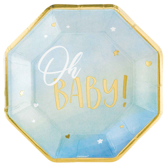 BABY SHOWER OH BABY BOY SQUARE PAPER PLATES 25.4CM - PACK OF 8