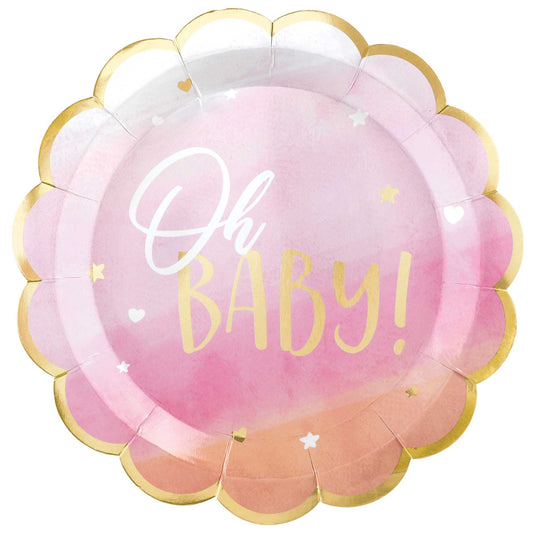 BABY SHOWER OH BABY GIRL SQUARE PAPER PLATES 26.6CM - PACK OF 8