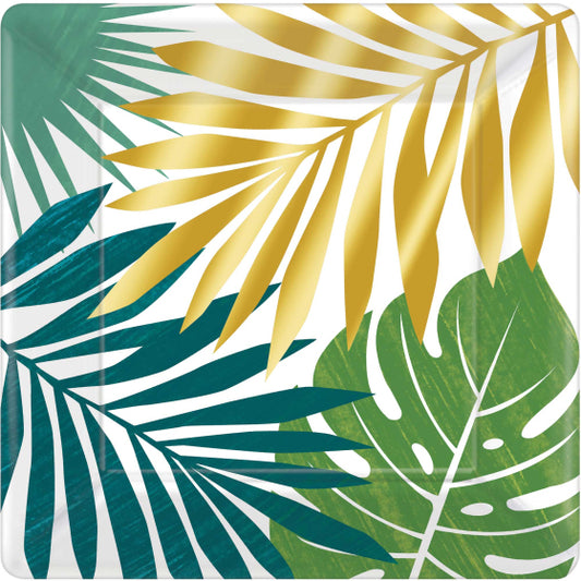 KEY WEST METALLIC PALM LEAVES SQUARE PAPER PLATES 26CM - PACK OF 8