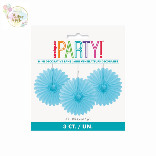 POWDER BLUE HANGING FAN DECORATIONS - 3 PIECES