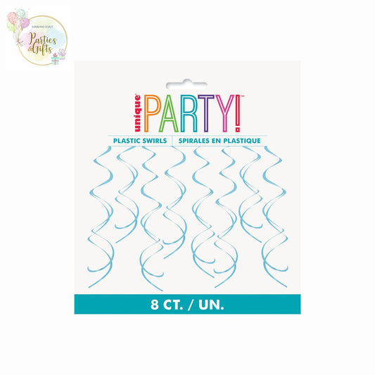 POWDER BLUE HANGING SWIRL DECORATIONS - 8 PIECES