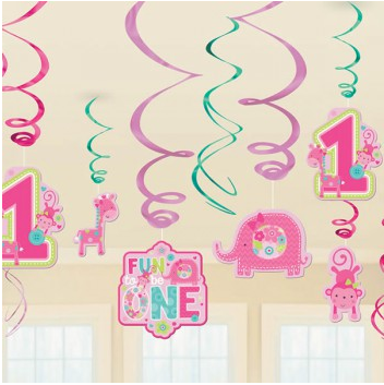 ONE WILD GIRL HANGING SWIRL DECORATIONS - 12 PIECES