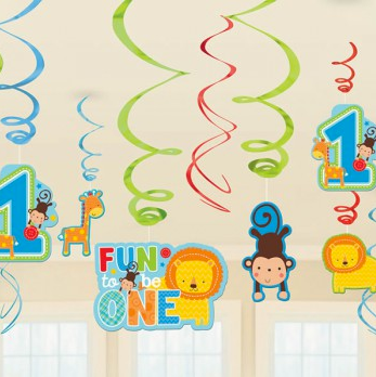 ONE WILD BOY 1ST BIRTHDAY HANGING SWIRL DECORATIONS - 12 PIECES