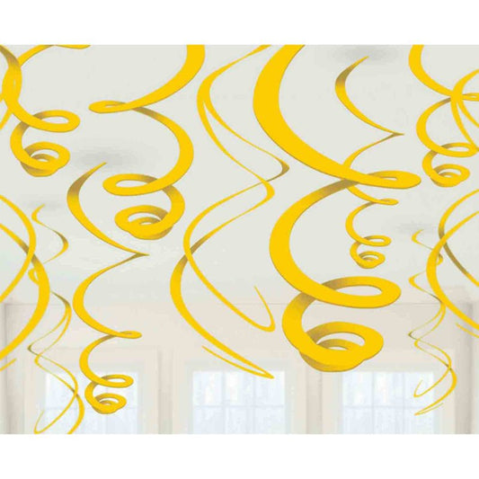 YELLOW PLASTIC HANGING SWIRL DECORATIONS - 12 PIECES