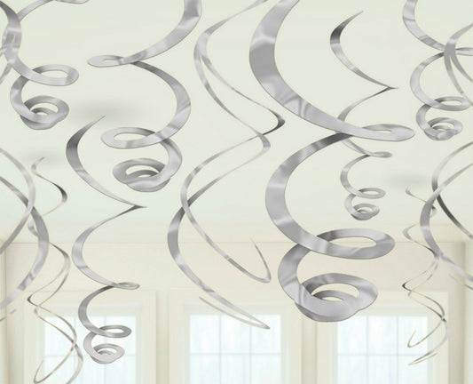 SILVER PLASTIC HANGING SWIRL DECORATIONS - 12 PIECES