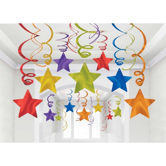 SHOOTING STARS RAINBOW HANGING FOIL SWIRL DECORATIONS - 30 PIECES