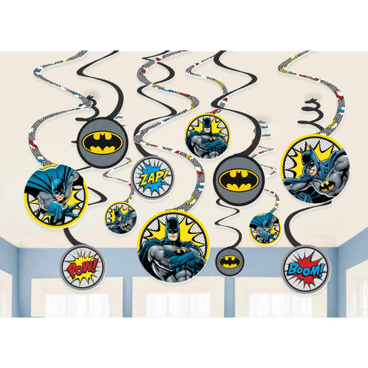 BATMAN BIRTHDAY HANGING SWIRL DECORATIONS - 12 PIECES