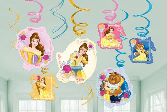 DISNEY PRINCESS BEAUTY AND THE BEAST HANGING SWIRL DECORATIONS - 12 PIECES