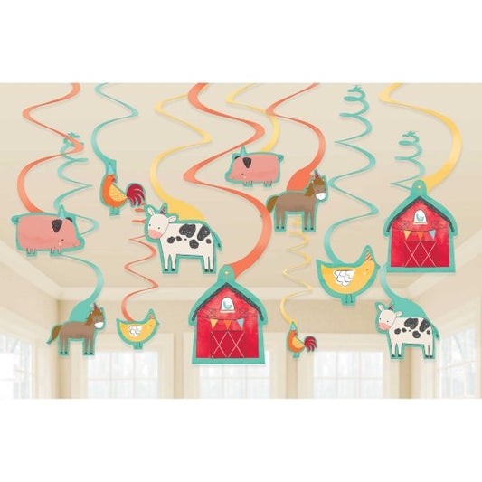 FARM BARNYARD BIRTHDAY HANGING SWIRL DECORATIONS - 12 PIECES