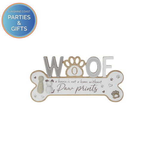 DOG WOOF PAW PRINT MDF PLAQUE - 25CM X 12.5CM