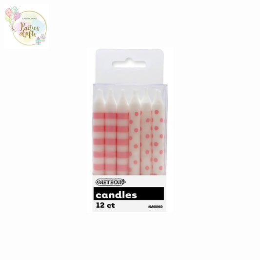 LOVELY PINK DOTS & STRIPES CANDLES - PACK OF 12