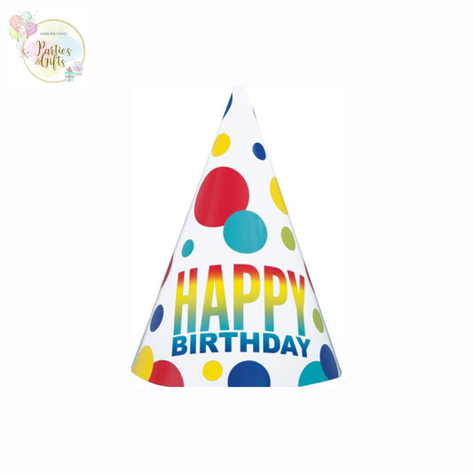 RAINBOW SPOTS BIRTHDAY PARTY HATS - 8 PACK