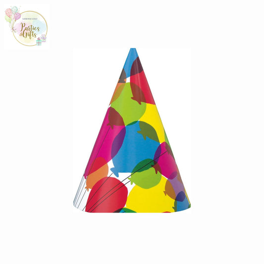 BALLOONS & RAINBOWS PARTY HATS - 8 PACK