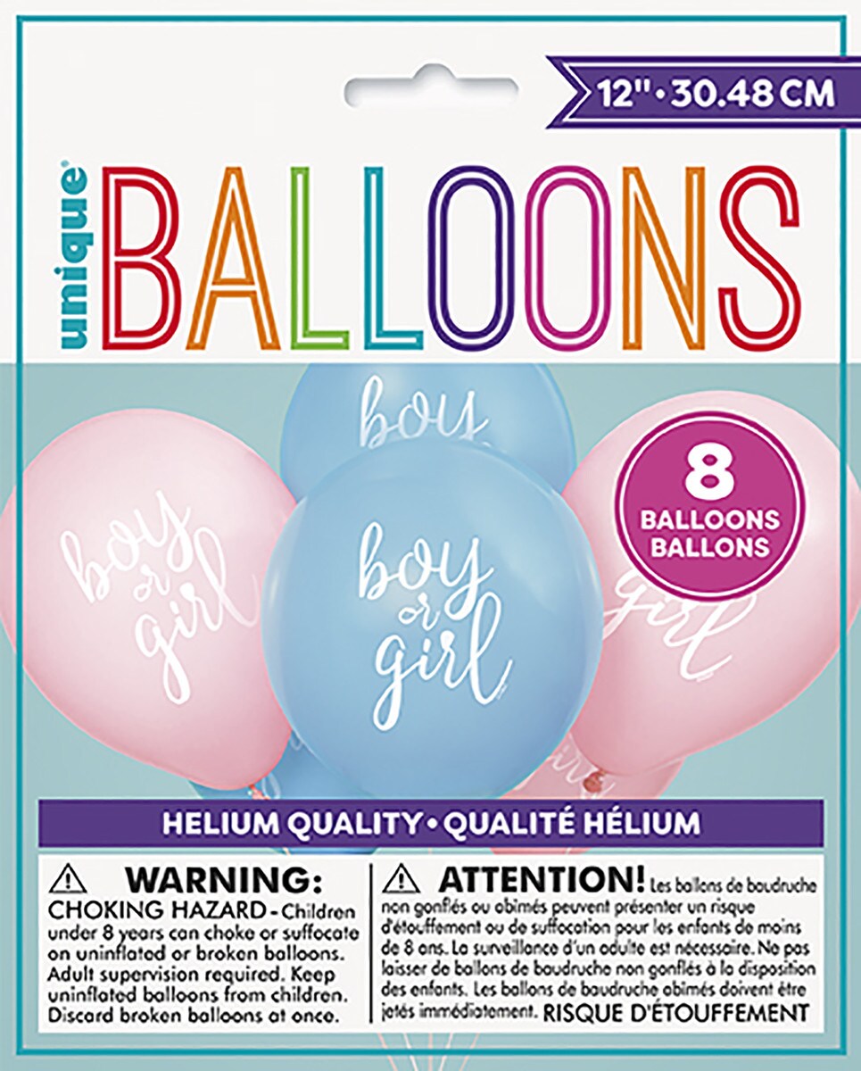 GENDER REVEAL BOY OR GIRL LATEX BALLOONS - 30CM - PACK OF 8
