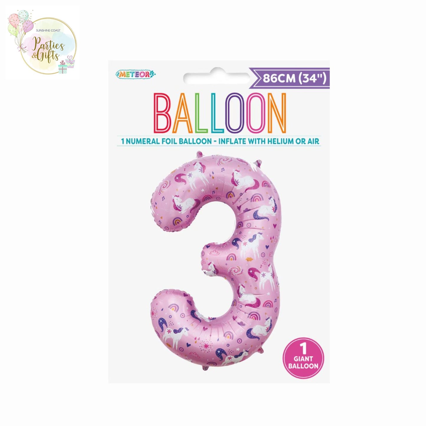 GIANT FOIL BALLOON - UNICORN NUMBER 3 - 86CM
