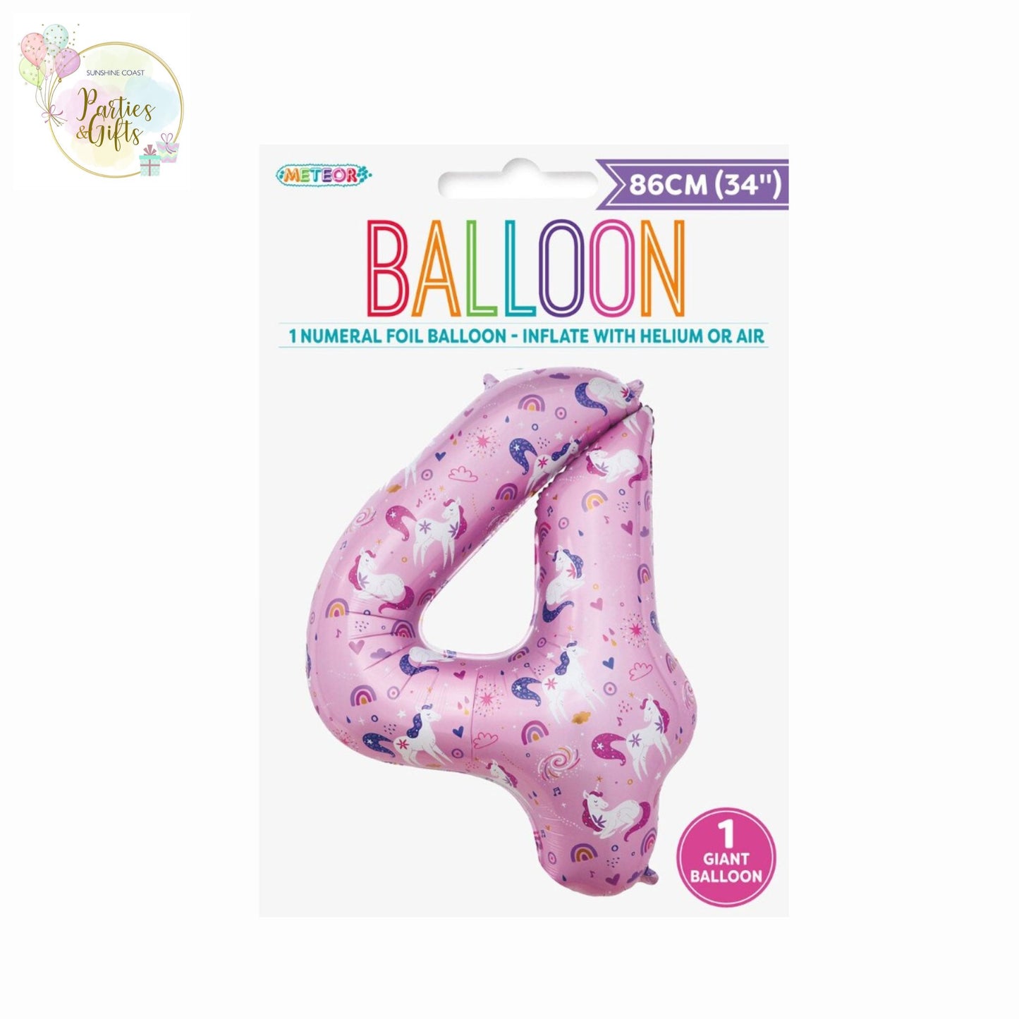 GIANT FOIL BALLOON - UNICORN NUMBER 4 - 86CM