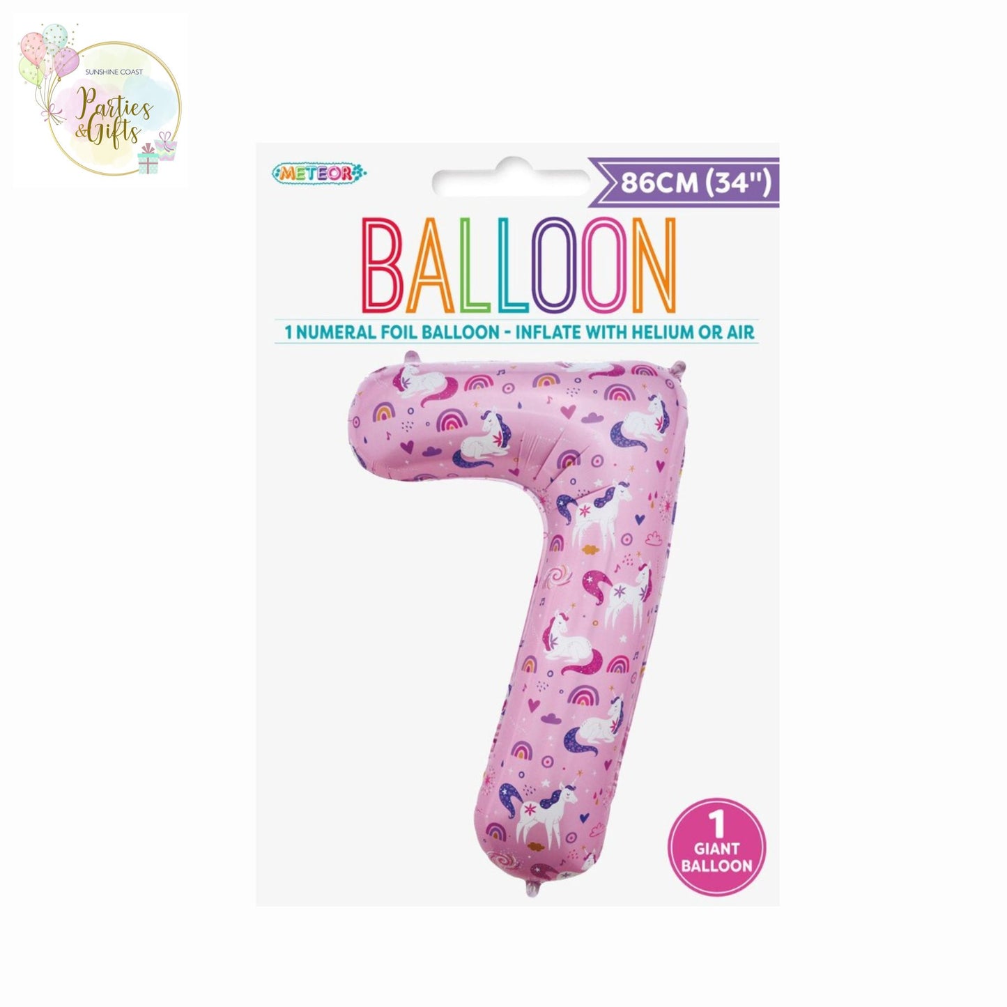 GIANT FOIL BALLOON - UNICORN NUMBER 7 - 86CM