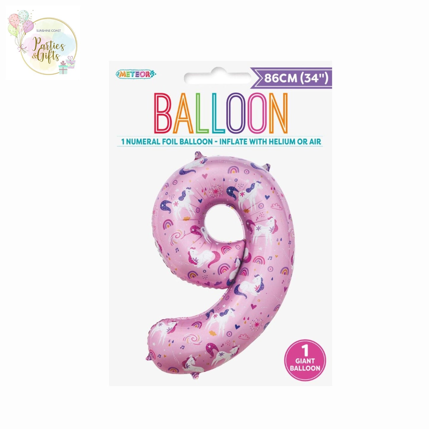 GIANT FOIL BALLOON - UNICORN NUMBER 9 - 86CM