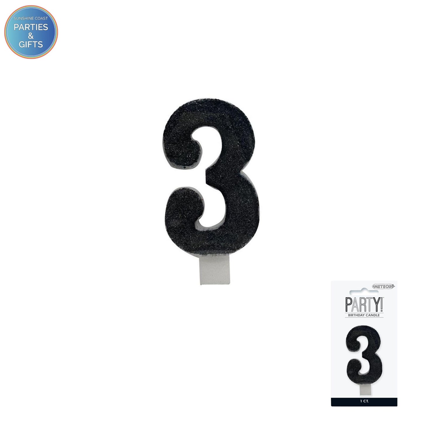 BLACK GLITTER NUMERAL CANDLE - # 3