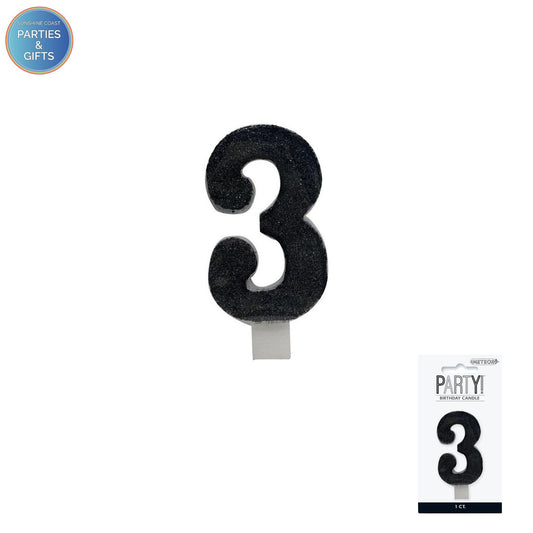 BLACK GLITTER NUMERAL CANDLE - # 3
