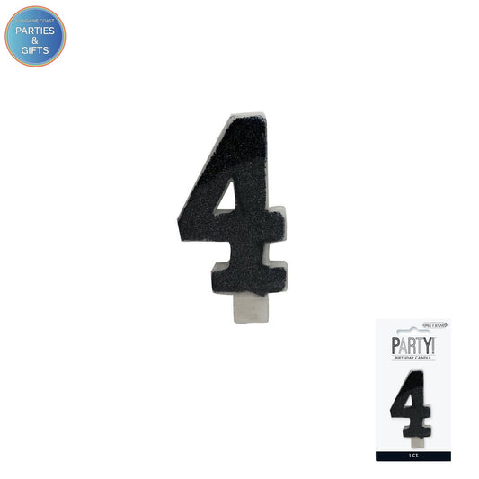 BLACK GLITTER NUMERAL CANDLE - # 4