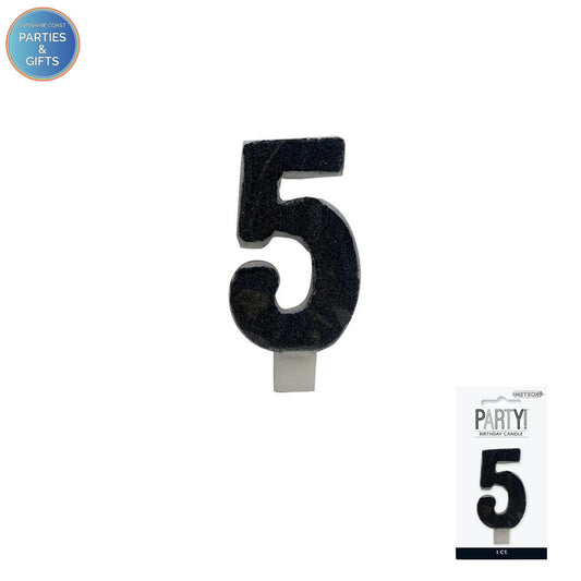 BLACK GLITTER NUMERAL CANDLE - # 5