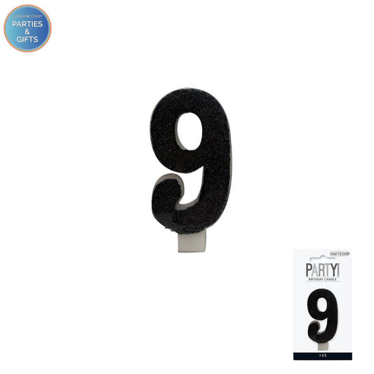 BLACK GLITTER NUMERAL CANDLE - # 9